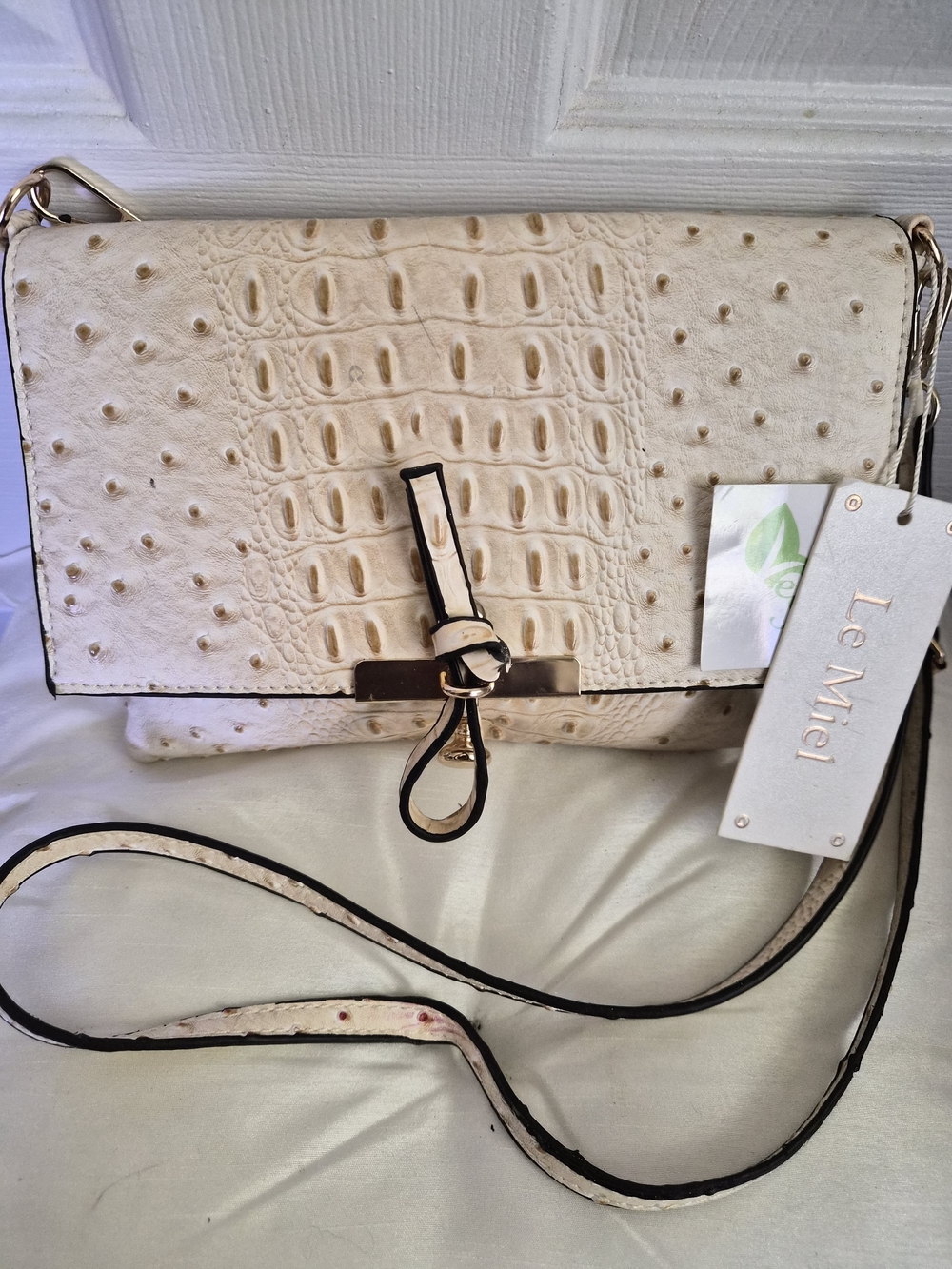 Le Miel Cream Ostrich-Embossed Shoulder Bag with Knot Detail